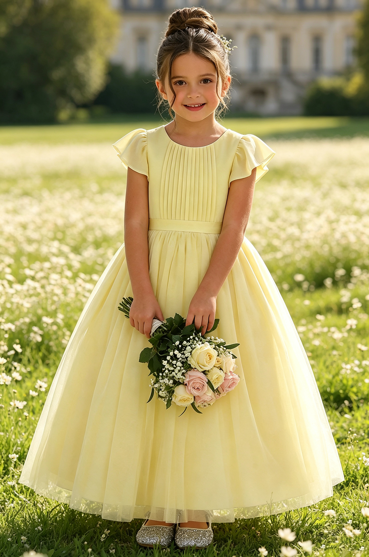 Lemon Yellow Pleated Flutter Sleeve Chiffon A-Line Flower Girl Maxi Dress