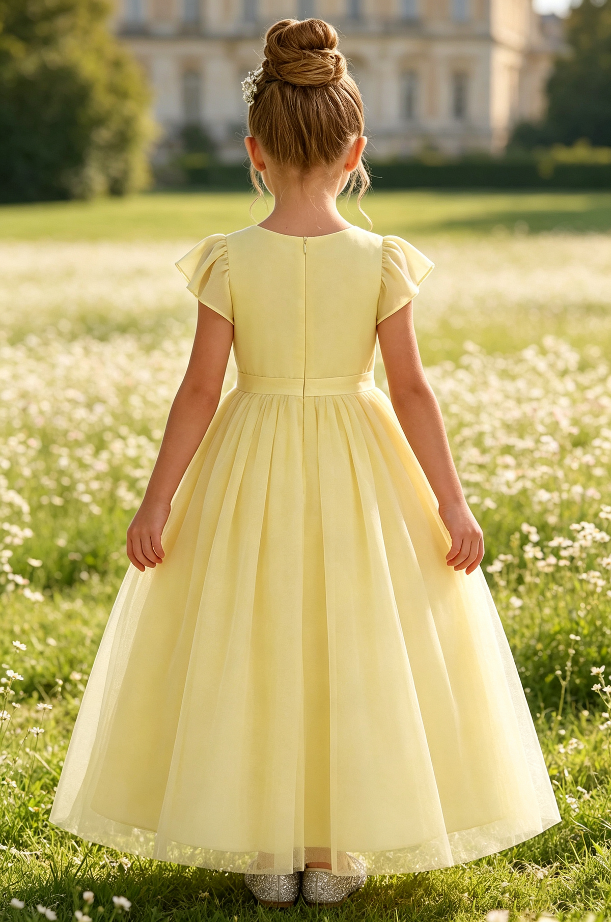 Lemon Yellow Pleated Flutter Sleeve Chiffon A-Line Flower Girl Maxi Dress
