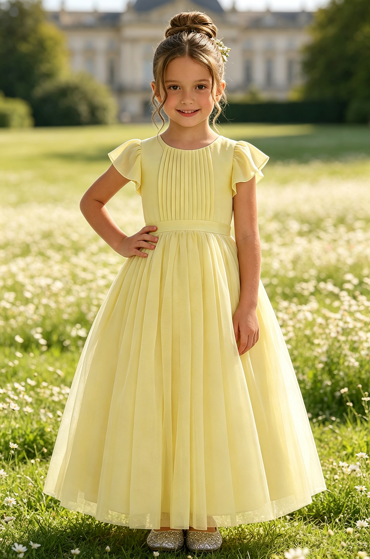 Lemon Yellow Pleated Flutter Sleeve Chiffon A-Line Flower Girl Maxi Dress