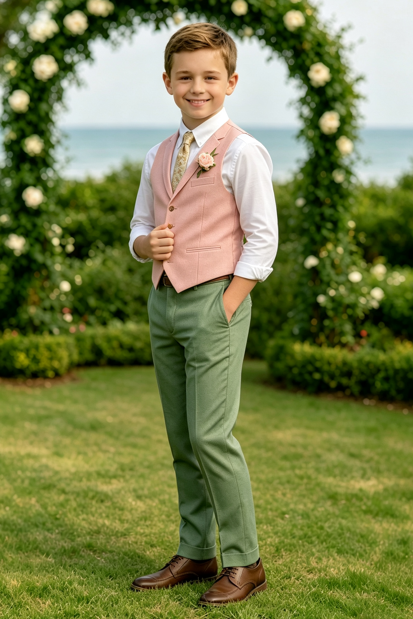Light Pink Sage Green Cotton Linen-Blend 2-Piece Waistcoat Suit
