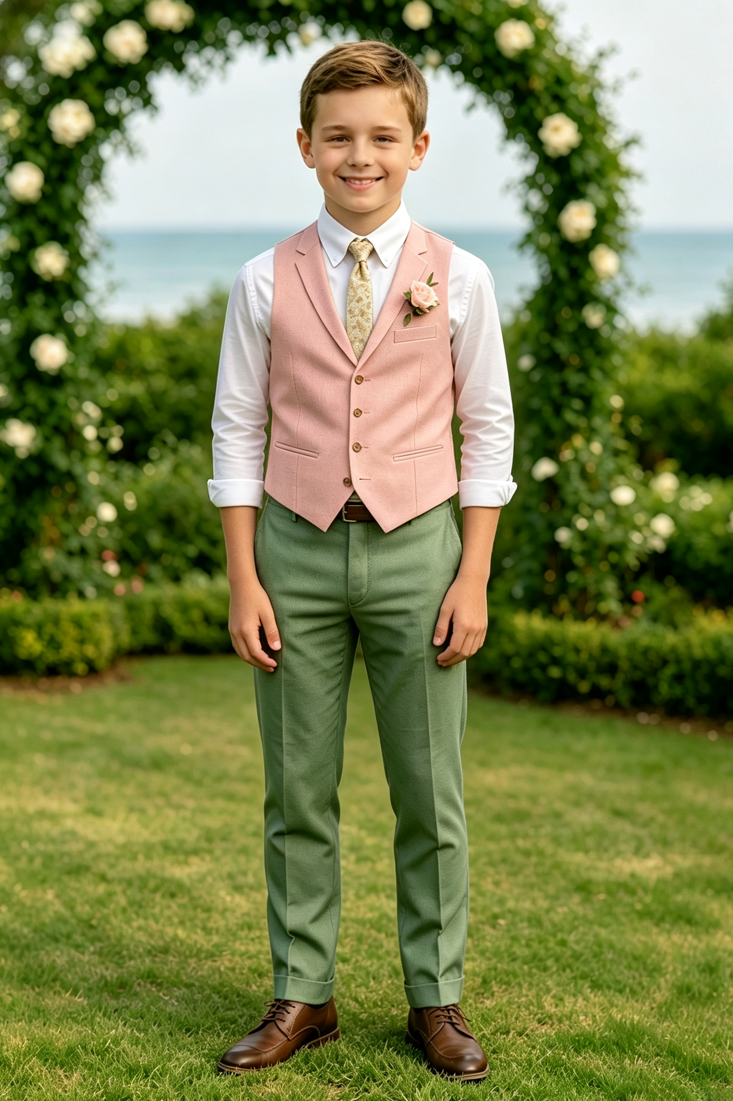 Light Pink Sage Green Cotton Linen-Blend 2-Piece Waistcoat Suit