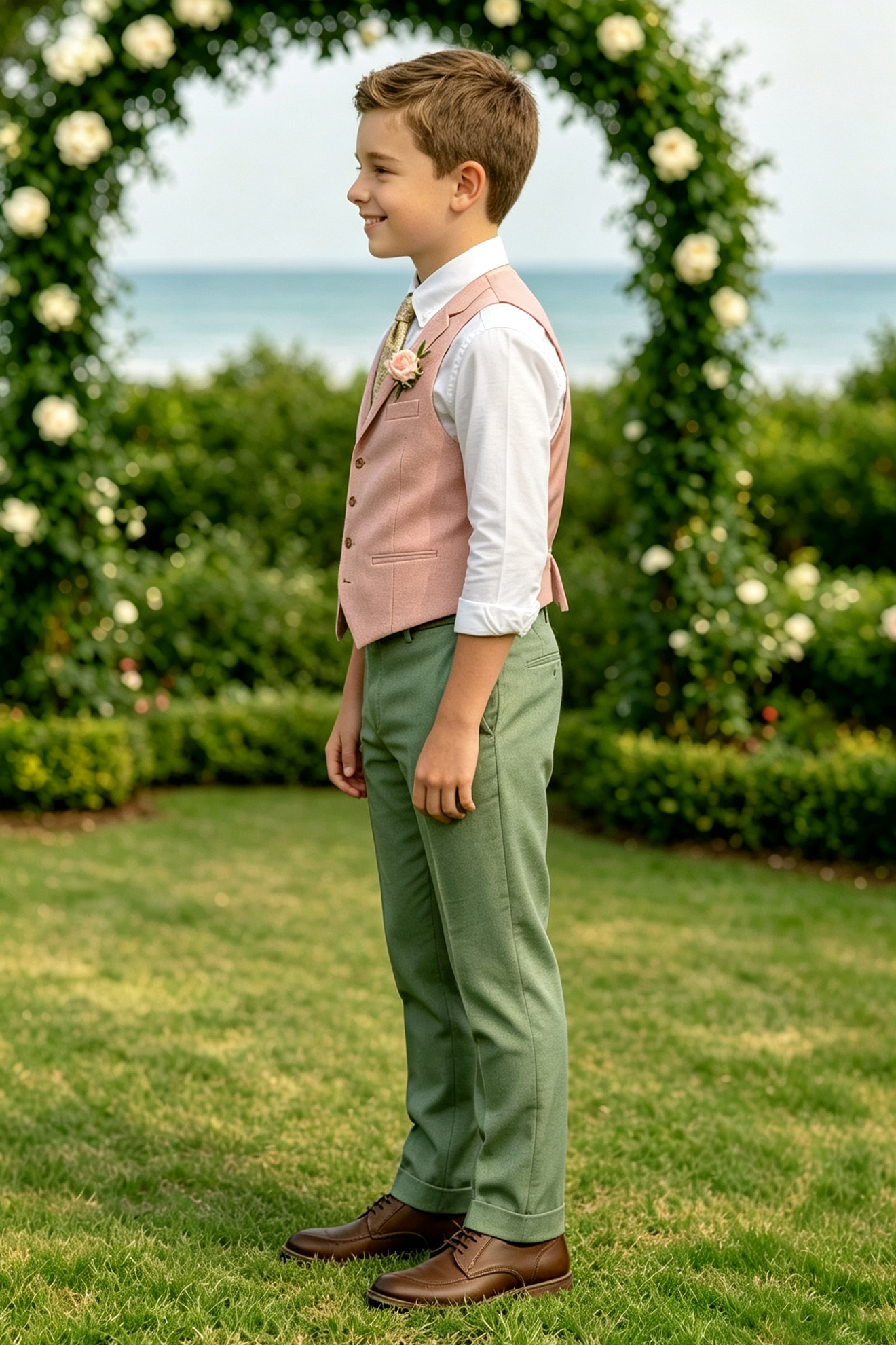 Light Pink Sage Green Cotton Linen-Blend 2-Piece Waistcoat Suit