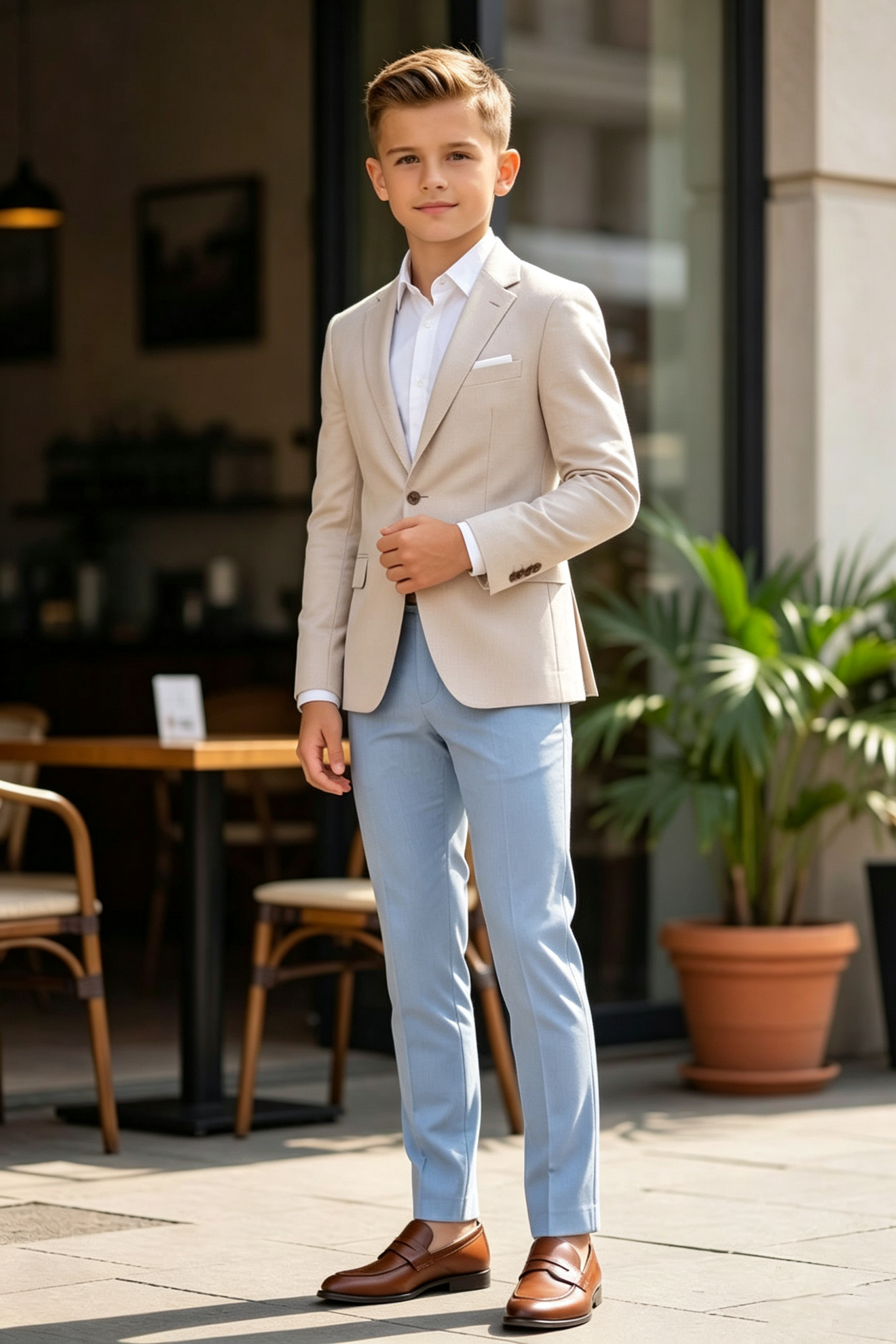 Beige & Sky Blue Cotton Linen-Blend Single Breasted Blazer 2-Piece Suit