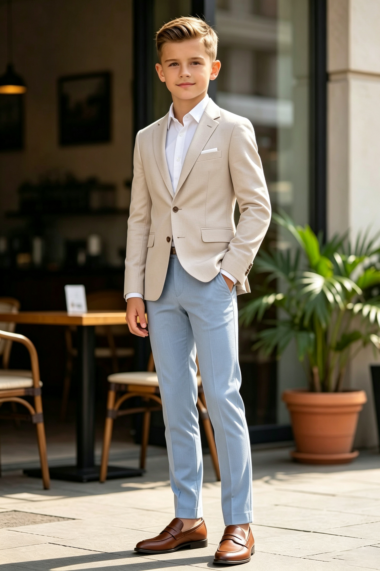 Beige & Sky Blue Cotton Linen-Blend Single Breasted Blazer 2-Piece Suit