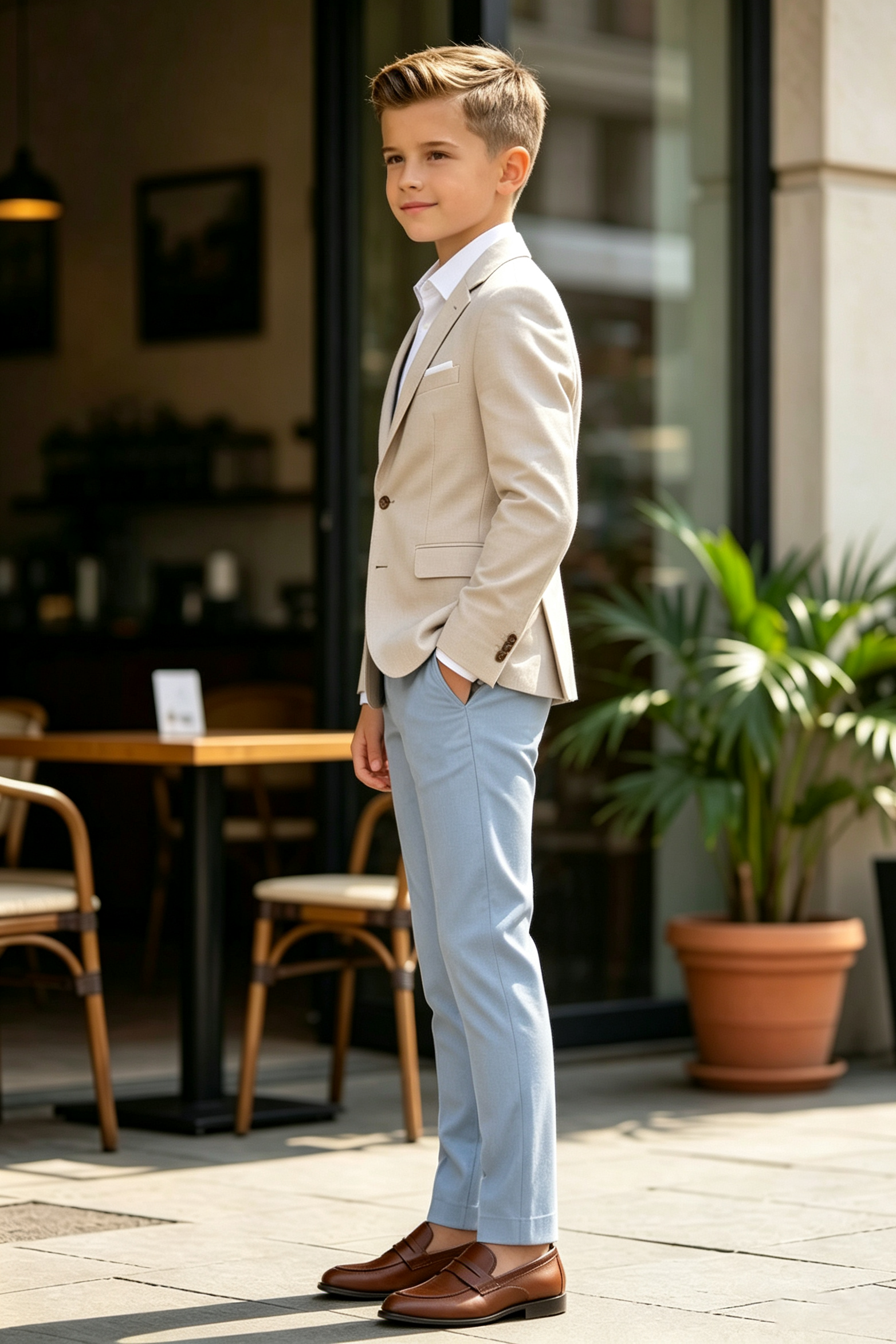 Beige & Sky Blue Cotton Linen-Blend Single Breasted Blazer 2-Piece Suit