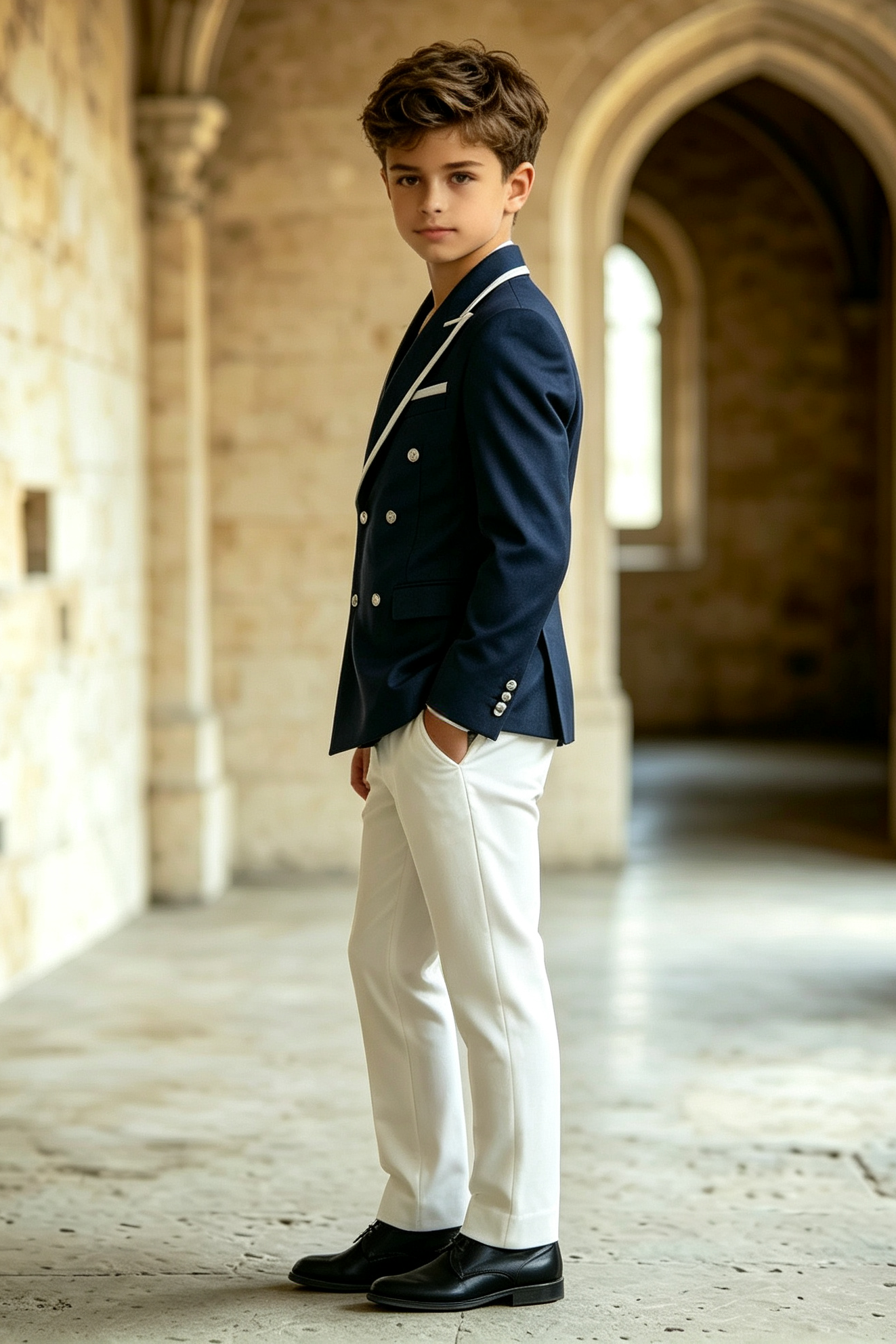 Navy & White Piping Twill-Blend Double Breasted 2-Piece Suit