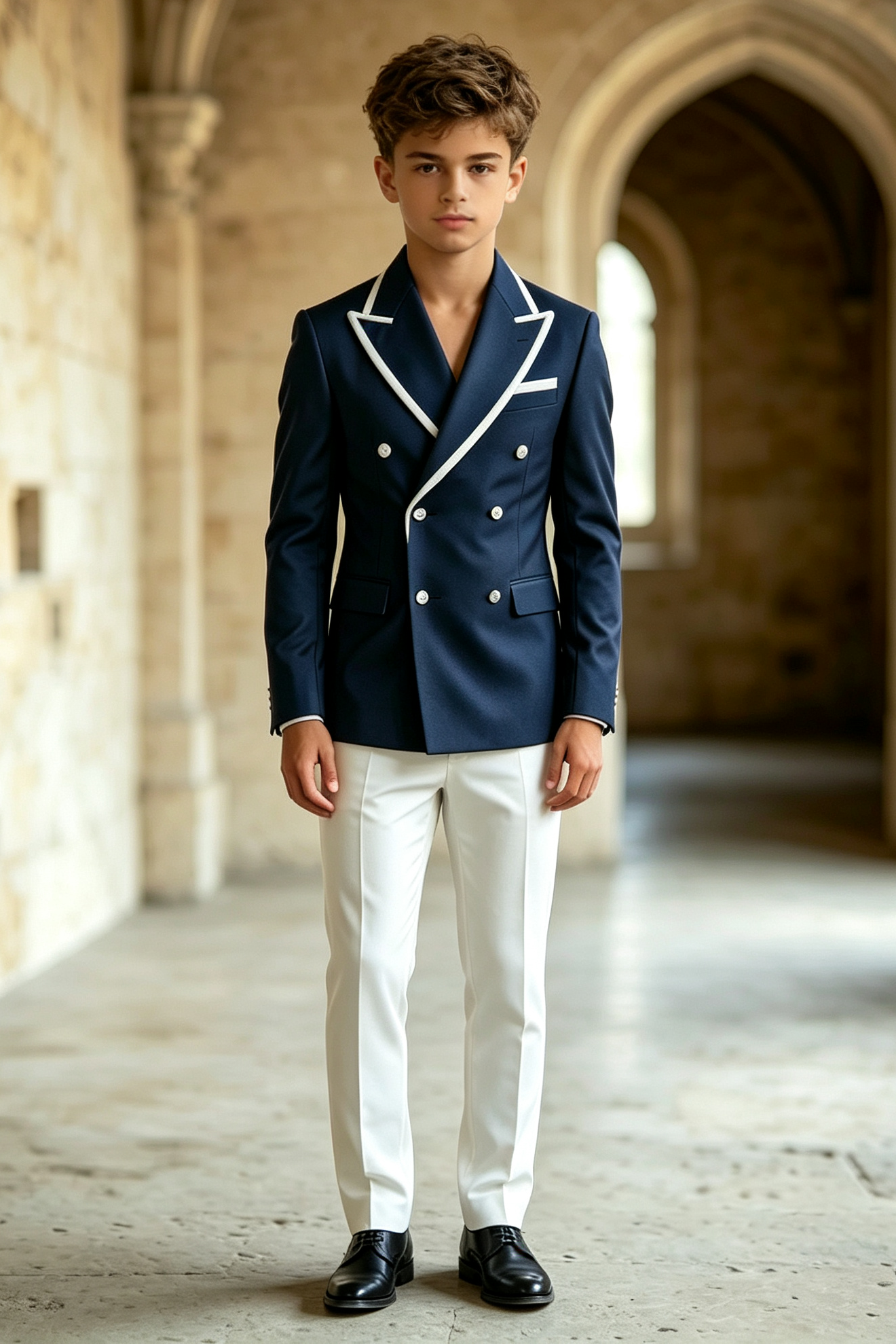 Navy & White Piping Twill-Blend Double Breasted 2-Piece Suit