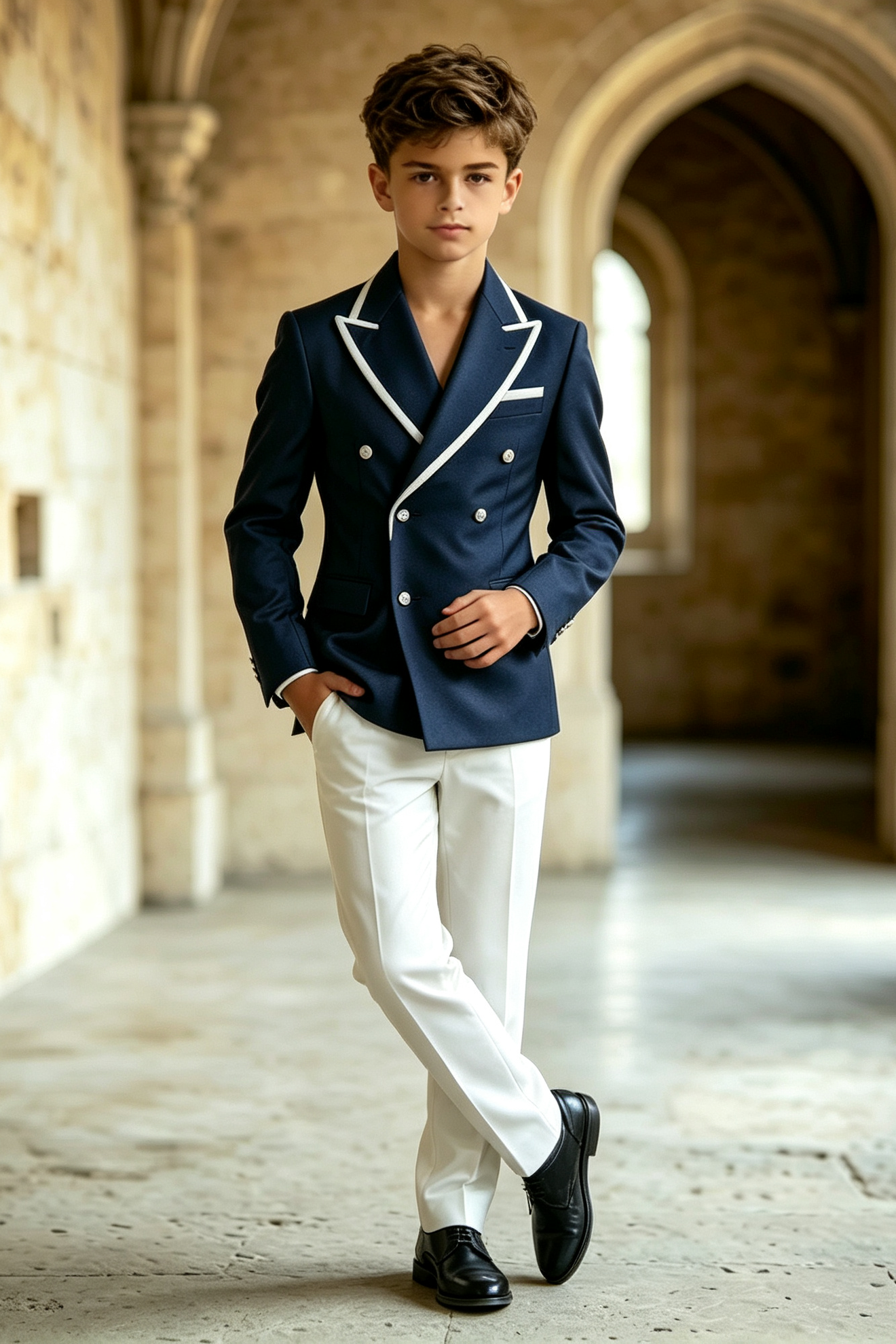 Navy & White Piping Twill-Blend Double Breasted 2-Piece Suit