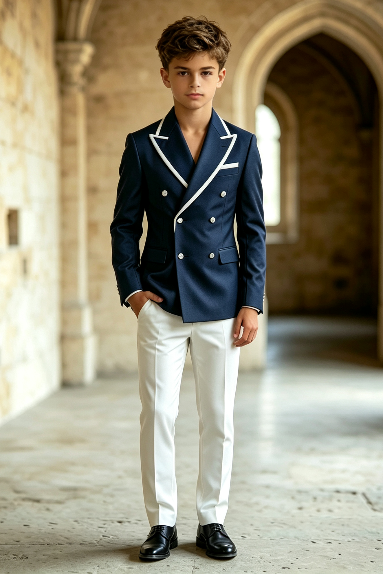 Navy & White Piping Twill-Blend Double Breasted 2-Piece Suit