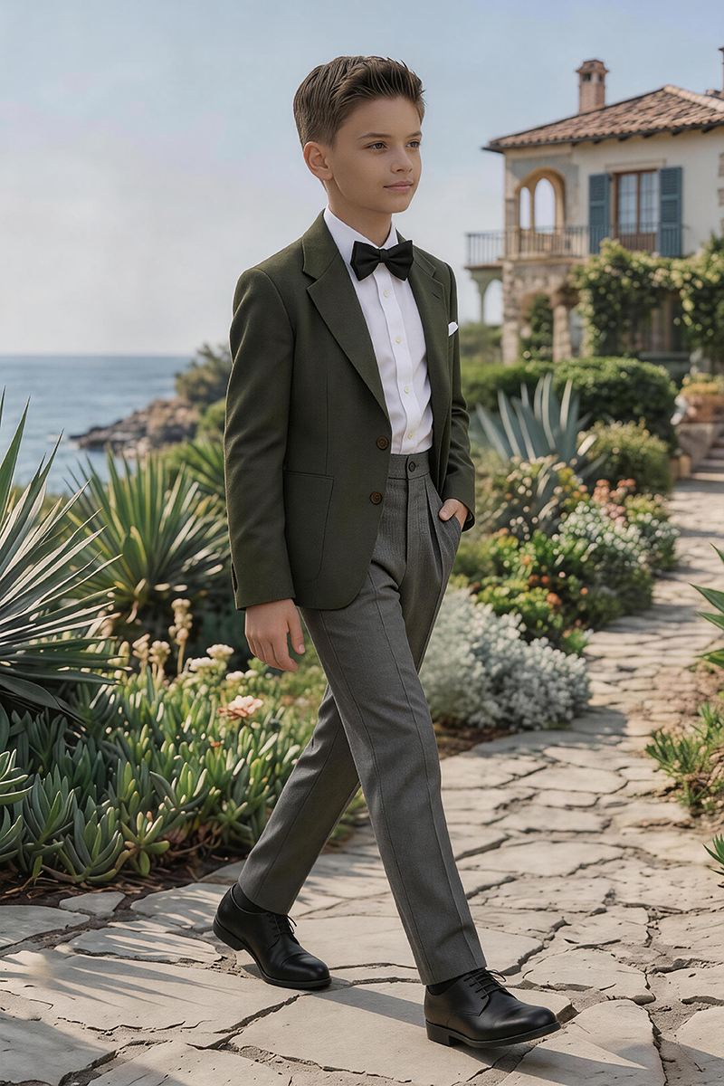 Boys Olive Notch Lapel Blazer & Pleated Grey Trousers 2-Piece Suit for Weddings