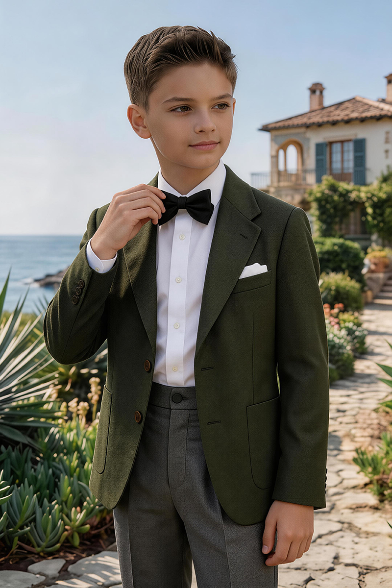 Boys Olive Notch Lapel Blazer & Pleated Grey Trousers 2-Piece Suit for Weddings