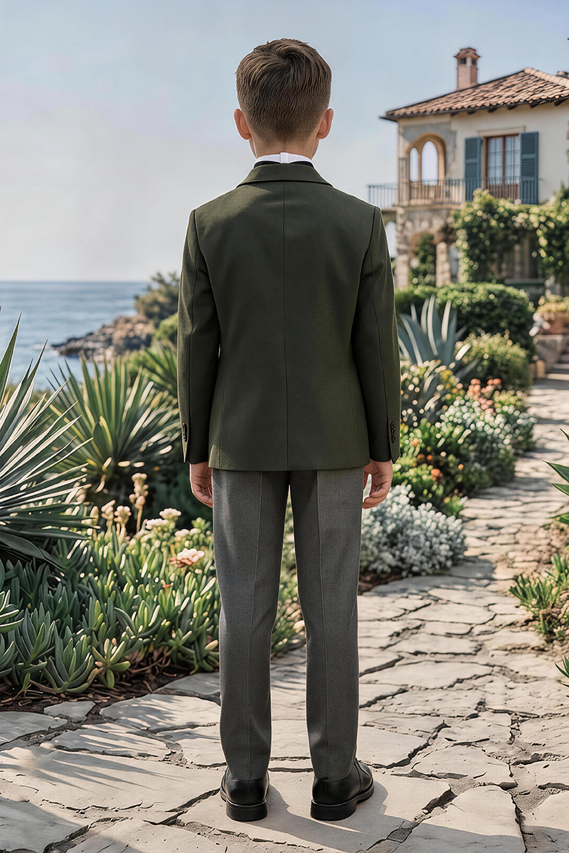 Boys Olive Notch Lapel Blazer & Pleated Grey Trousers 2-Piece Suit for Weddings