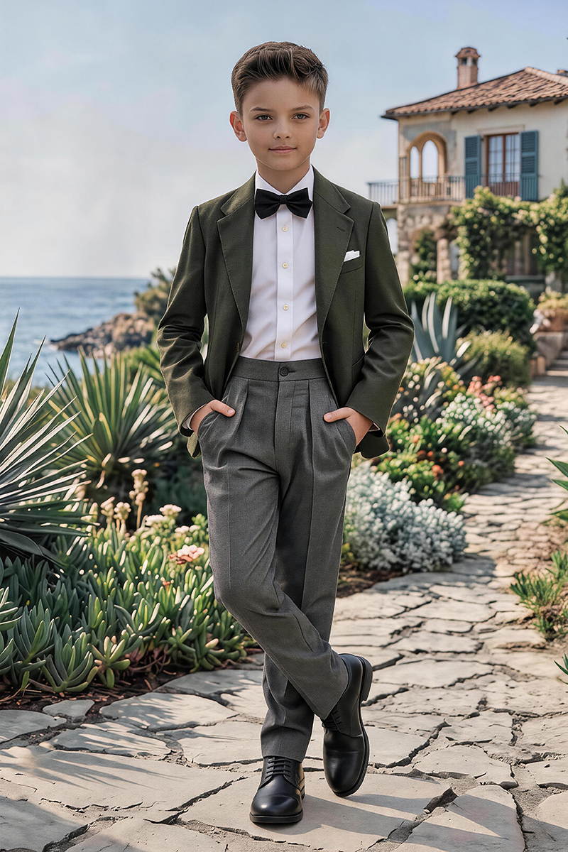 Boys Olive Notch Lapel Blazer & Pleated Grey Trousers 2-Piece Suit for Weddings