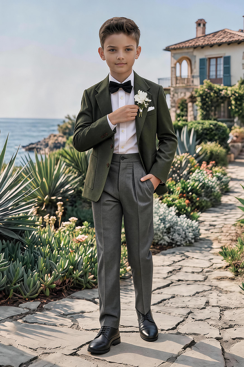 Boys Olive Notch Lapel Blazer & Pleated Grey Trousers 2-Piece Suit for Weddings