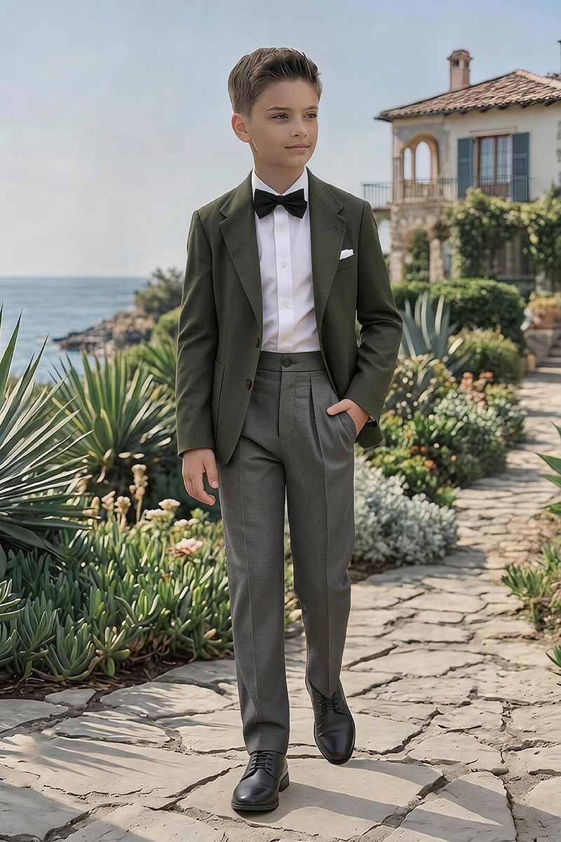 Boys Olive Notch Lapel Blazer & Pleated Grey Trousers 2-Piece Suit for Weddings