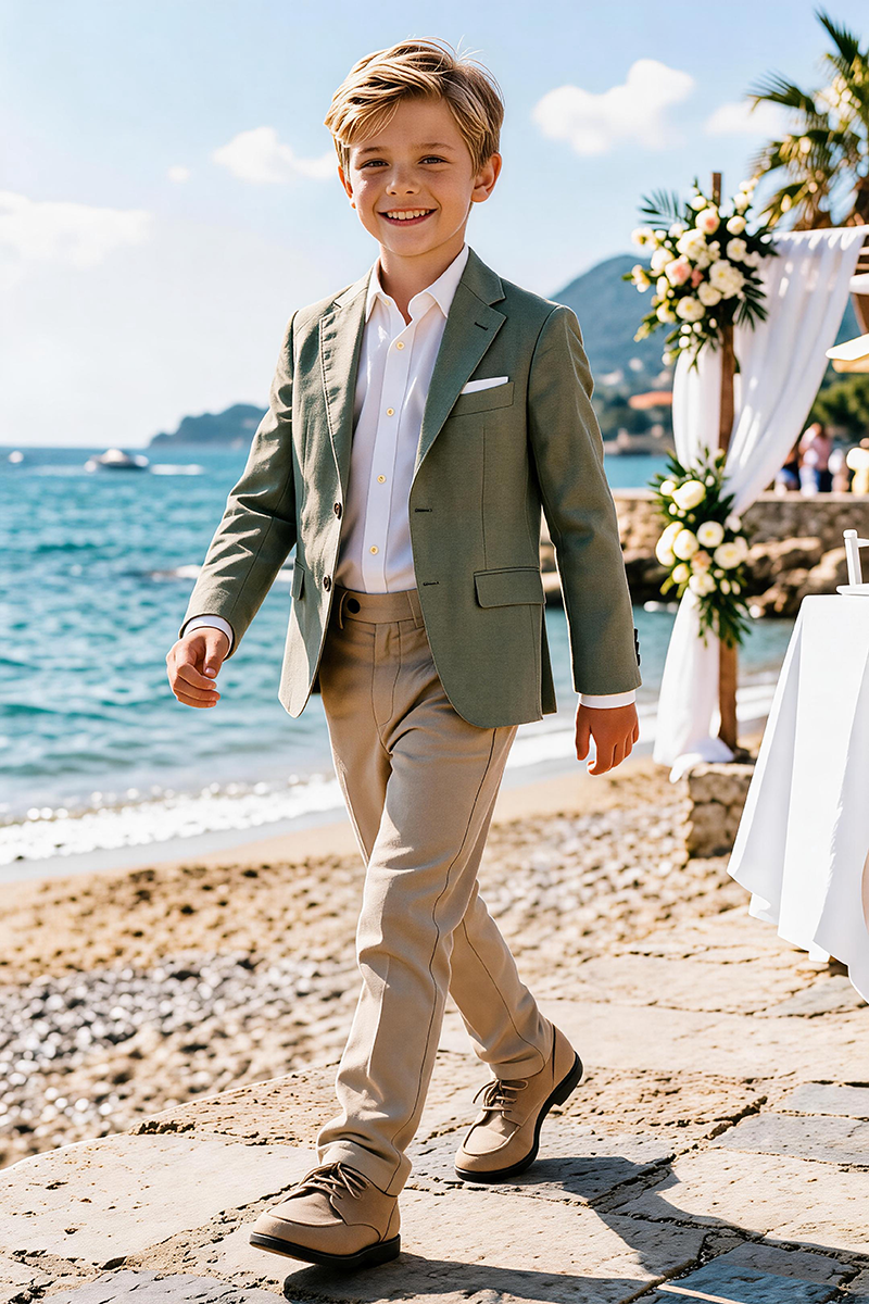Boys Sage Notch Lapel Blazer & Khaki Trousers 2-Piece Suit for Weddings & Formal Events