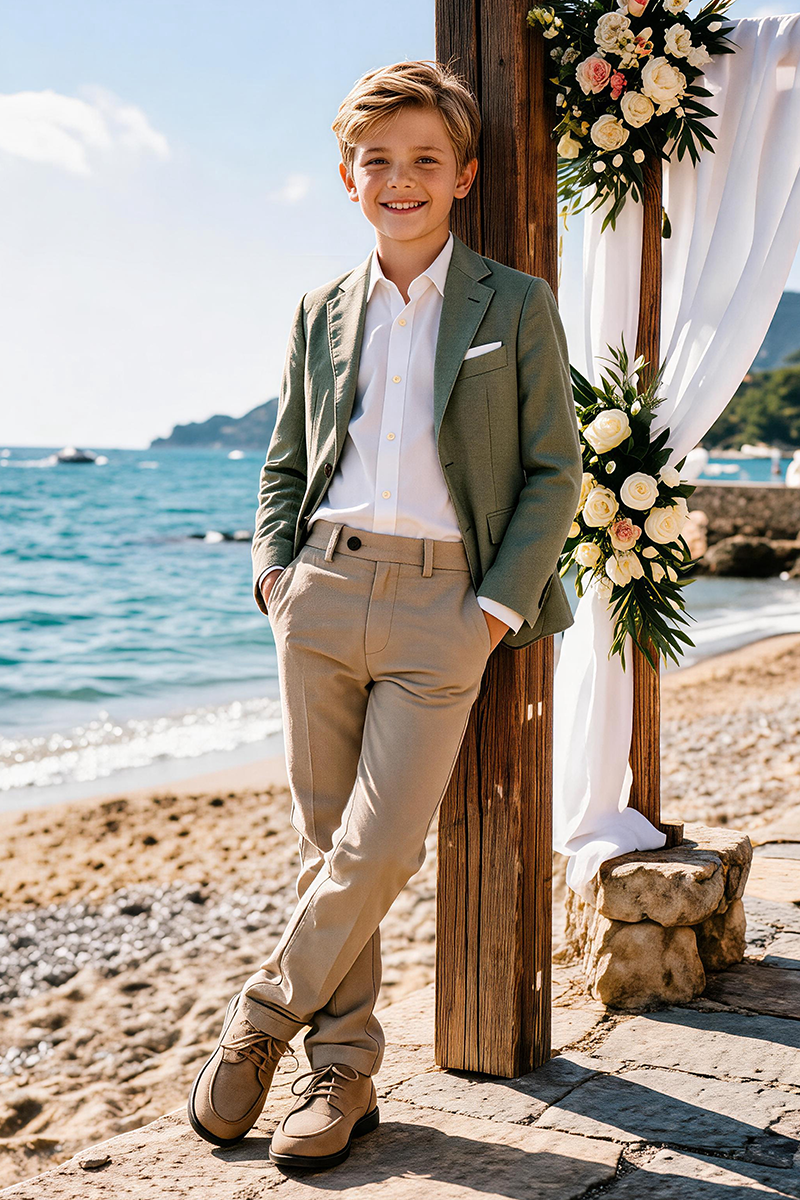 Boys Sage Notch Lapel Blazer & Khaki Trousers 2-Piece Suit for Weddings & Formal Events