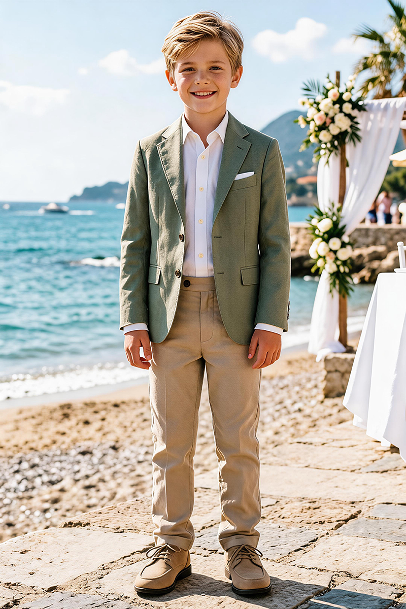 Boys Sage Notch Lapel Blazer & Khaki Trousers 2-Piece Suit for Weddings & Formal Events