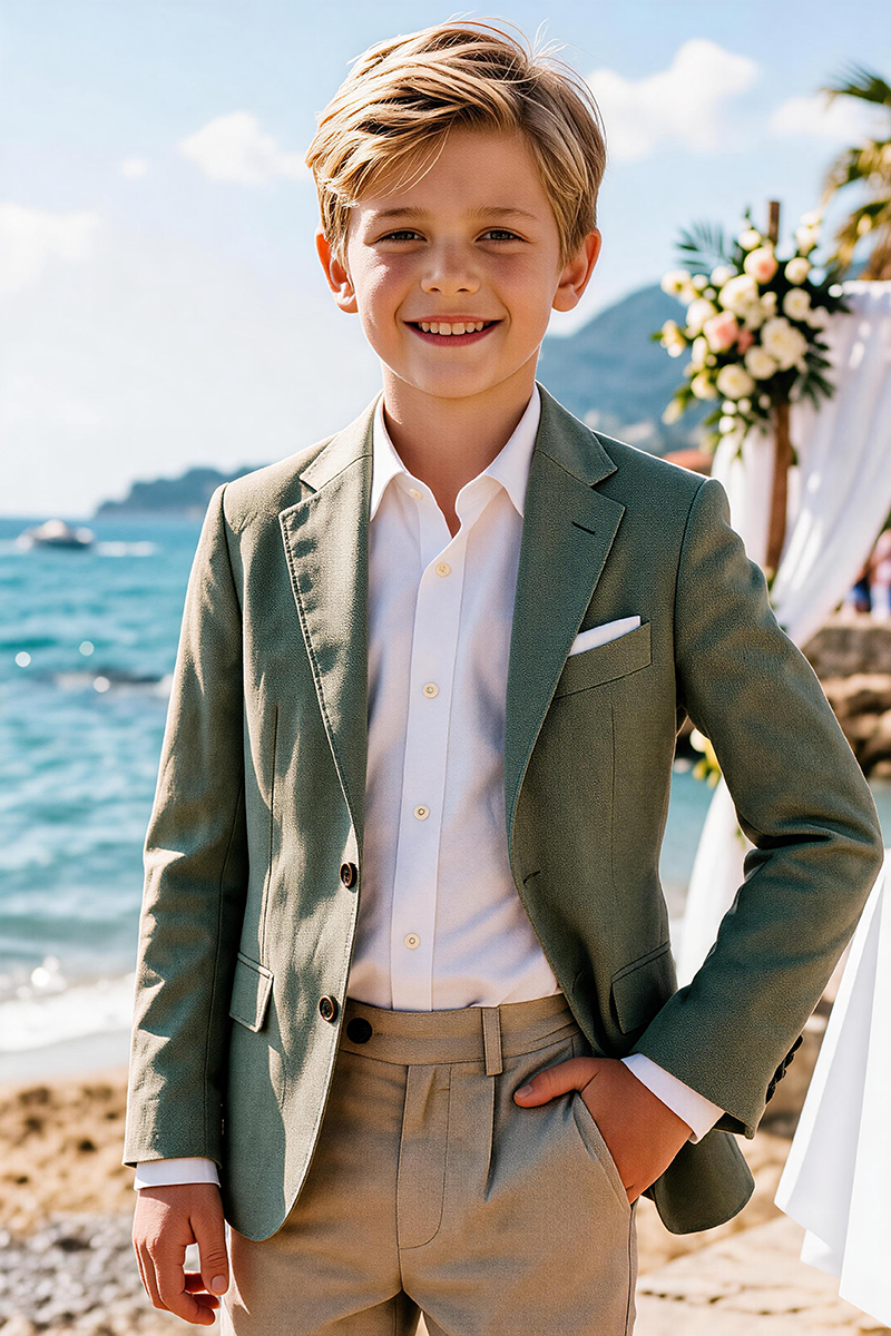 Boys Sage Notch Lapel Blazer & Khaki Trousers 2-Piece Suit for Weddings & Formal Events