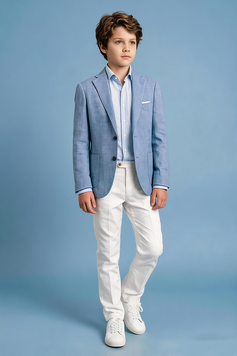 Boys Light Blue Linen Notch Lapel Blazer & White Trousers 2-Piece Suit for Weddings