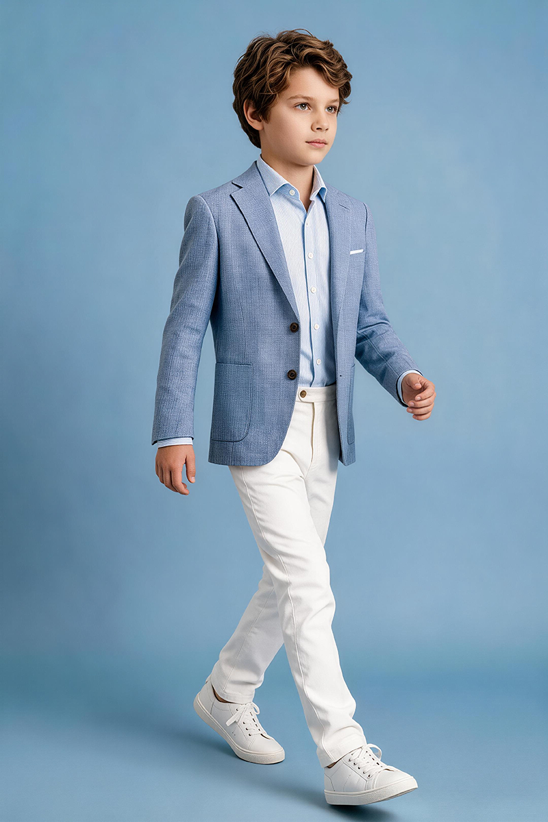 Boys Light Blue Linen Notch Lapel Blazer & White Trousers 2-Piece Suit for Weddings
