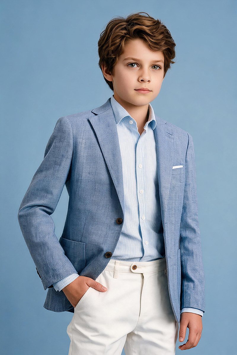 Boys Light Blue Linen Notch Lapel Blazer & White Trousers 2-Piece Suit for Weddings