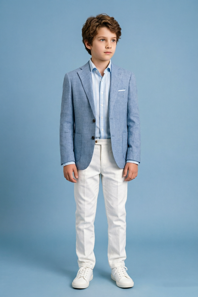 Boys Light Blue Linen Notch Lapel Blazer & White Trousers 2-Piece Suit for Weddings