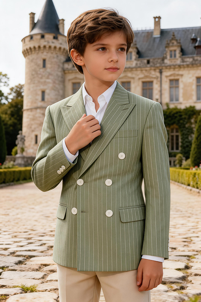 Boys Sage Pinstripe Double Breasted Blazer & Khaki Trousers 2-Piece Suit for Weddings