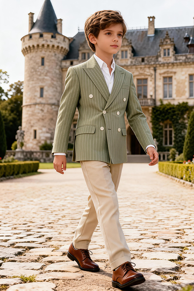 Boys Sage Pinstripe Double Breasted Blazer & Khaki Trousers 2-Piece Suit for Weddings