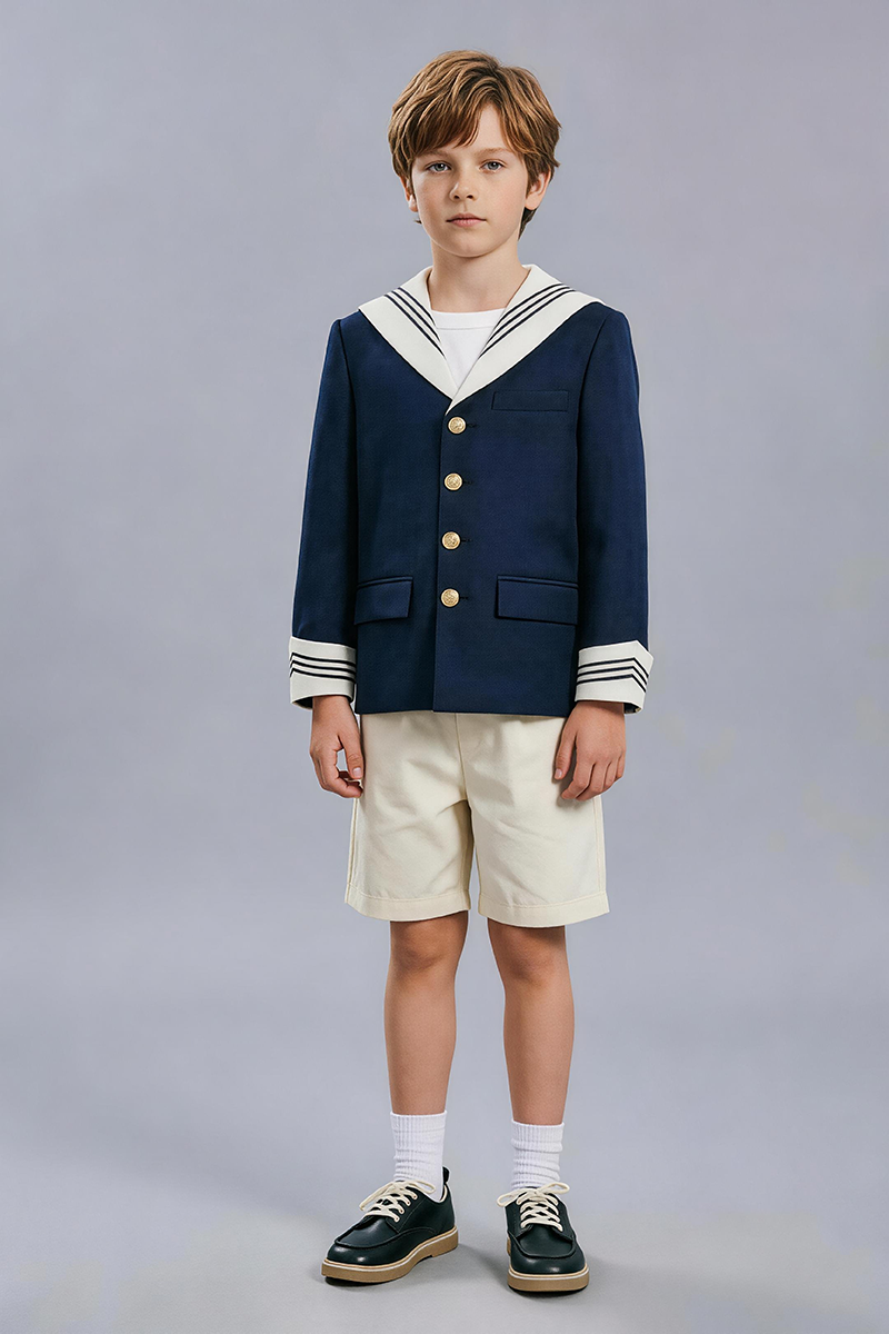 Boys Navy Sailor Collar Blazer & Cream Shorts 2-Piece Suit