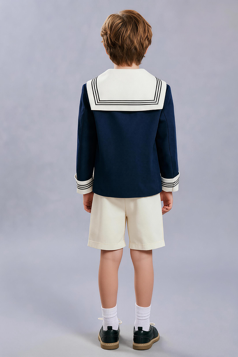 Boys Navy Sailor Collar Blazer & Cream Shorts 2-Piece Suit