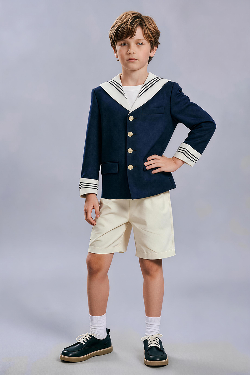 Boys Navy Sailor Collar Blazer & Cream Shorts 2-Piece Suit