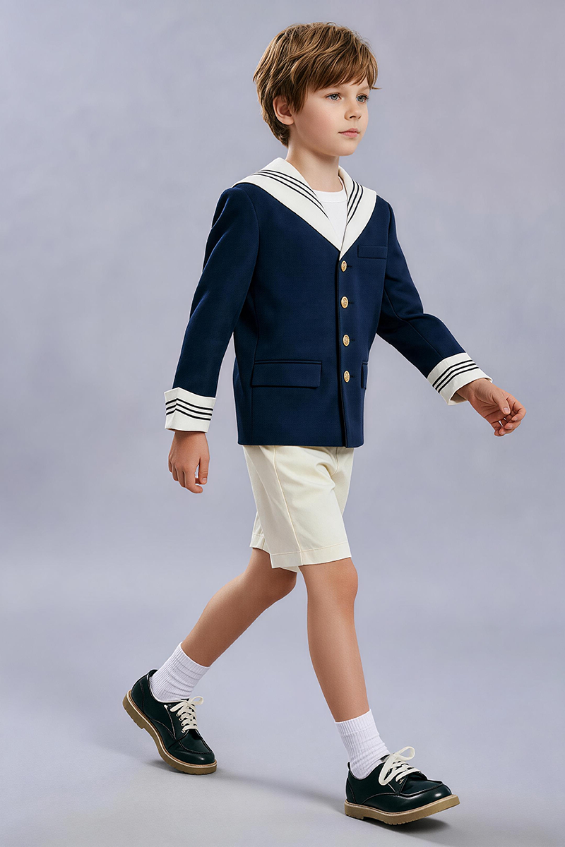 Boys Navy Sailor Collar Blazer & Cream Shorts 2-Piece Suit