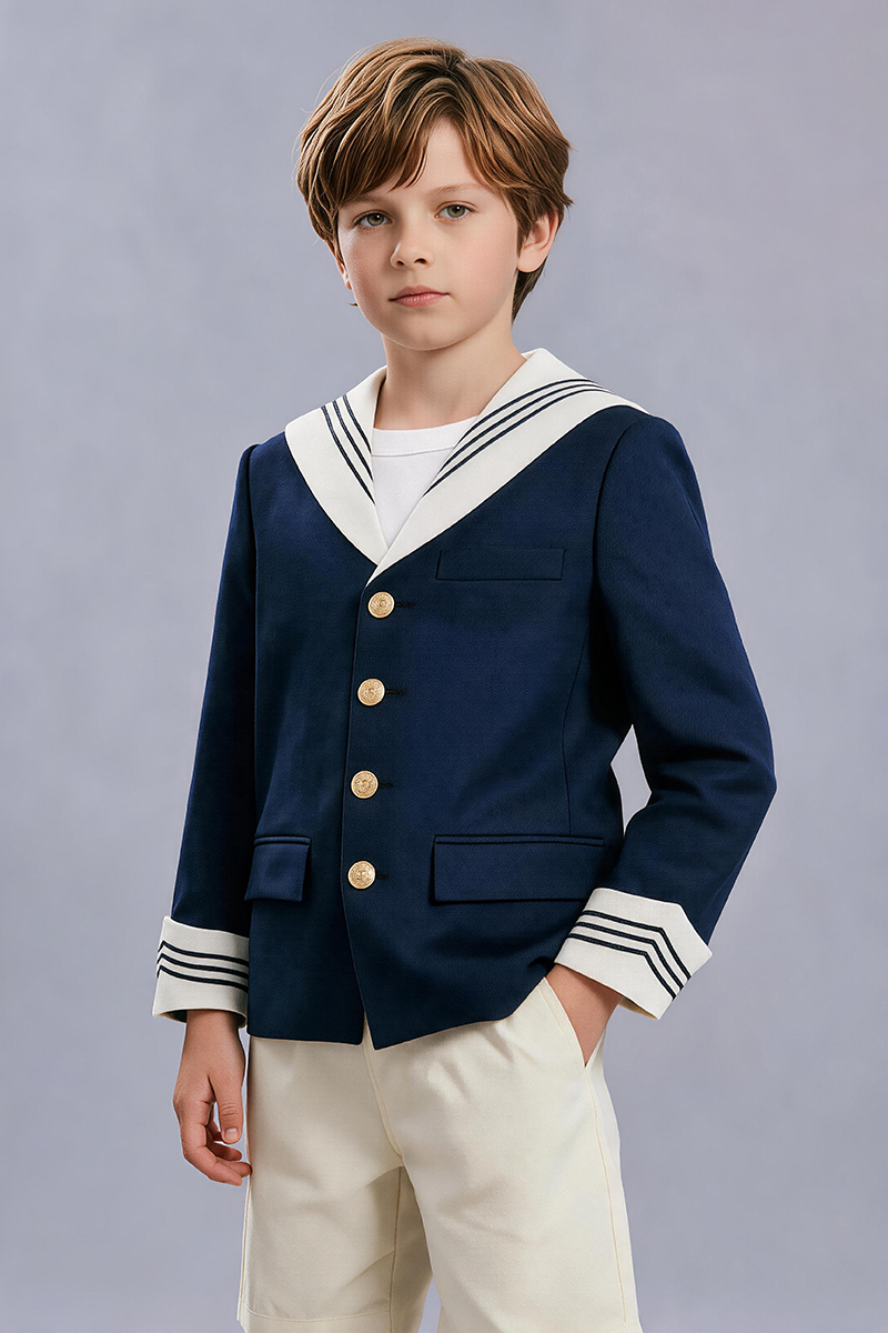 Boys Navy Sailor Collar Blazer & Cream Shorts 2-Piece Suit
