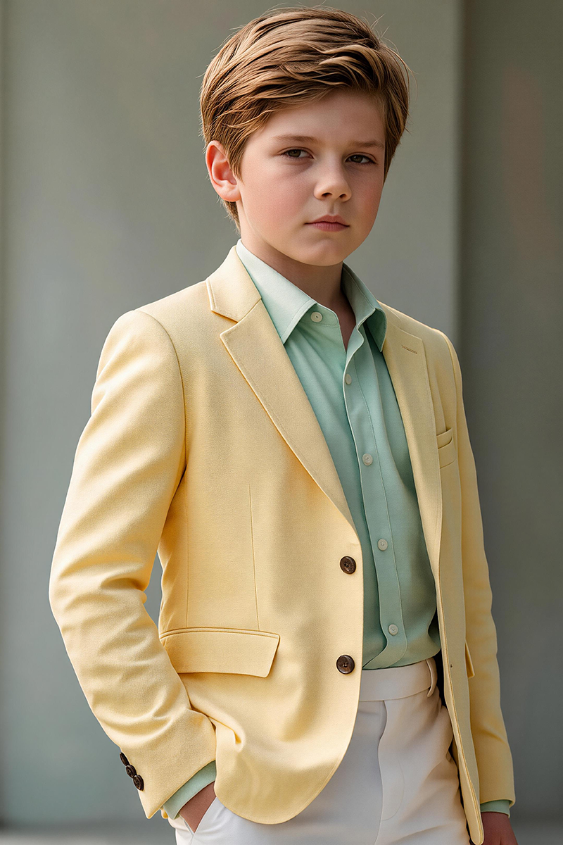 Boys Pale Yellow Notch Lapel Single Blazer for Spring Garden Outdoor Wedding