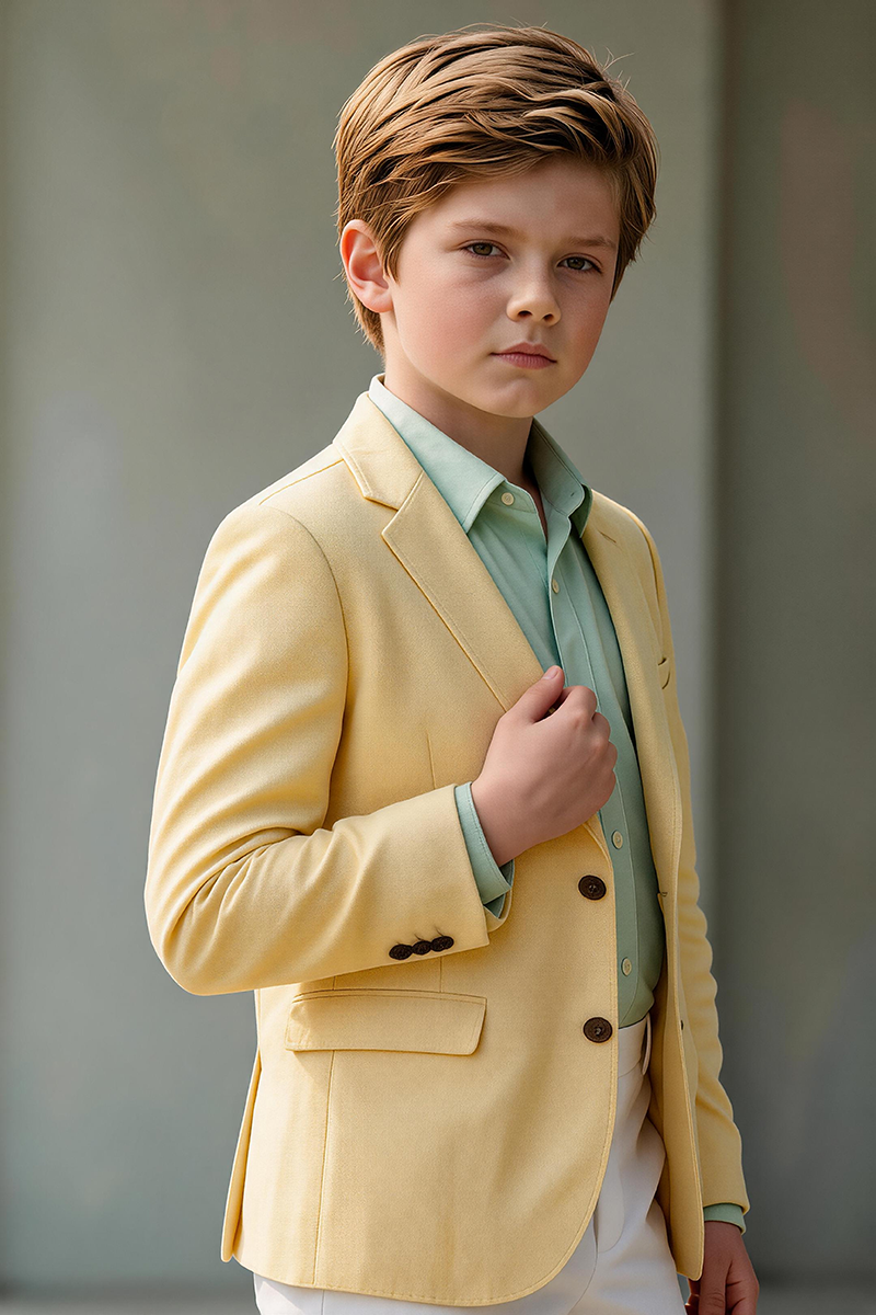 Boys Pale Yellow Notch Lapel Single Blazer for Spring Garden Outdoor Wedding
