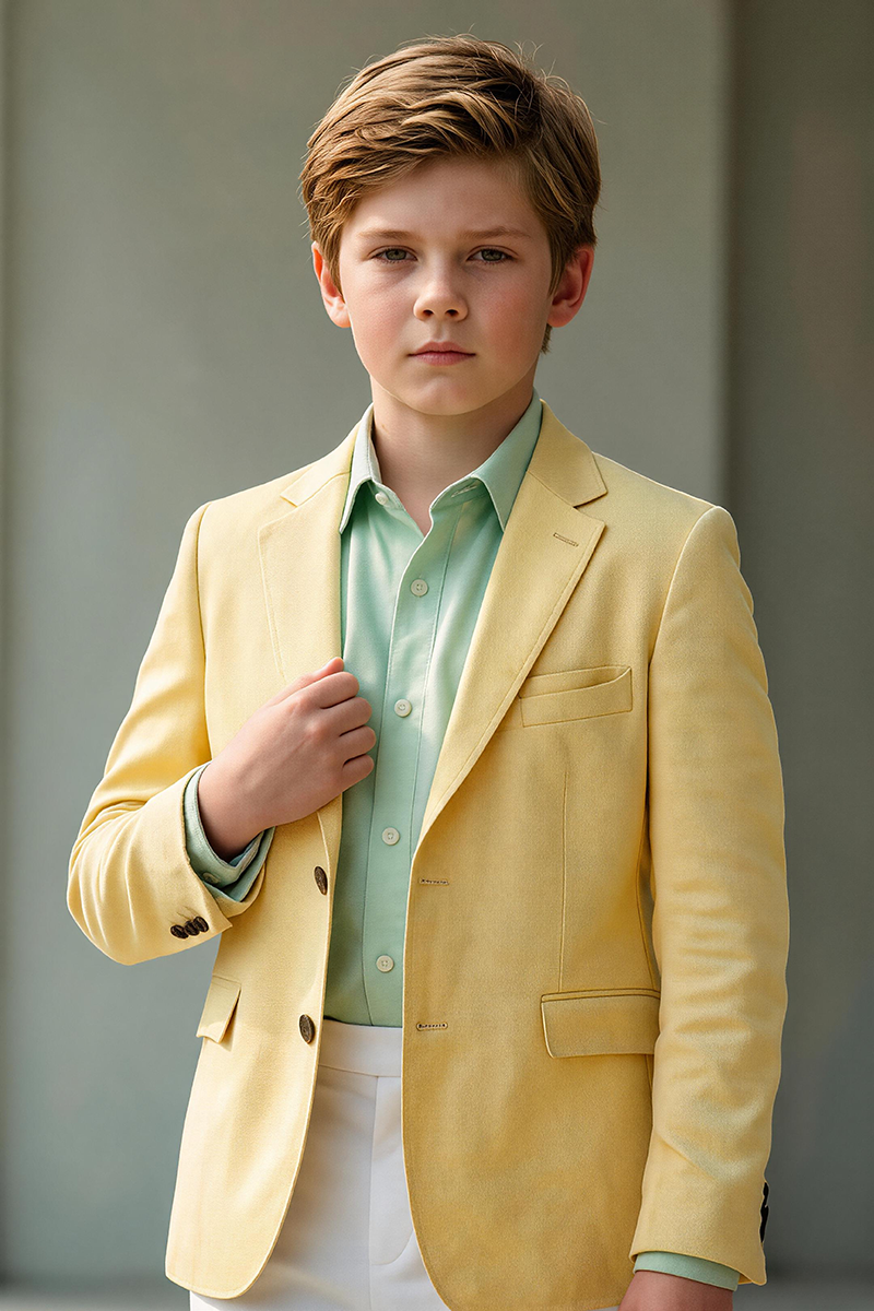 Boys Pale Yellow Notch Lapel Single Blazer for Spring Garden Outdoor Wedding