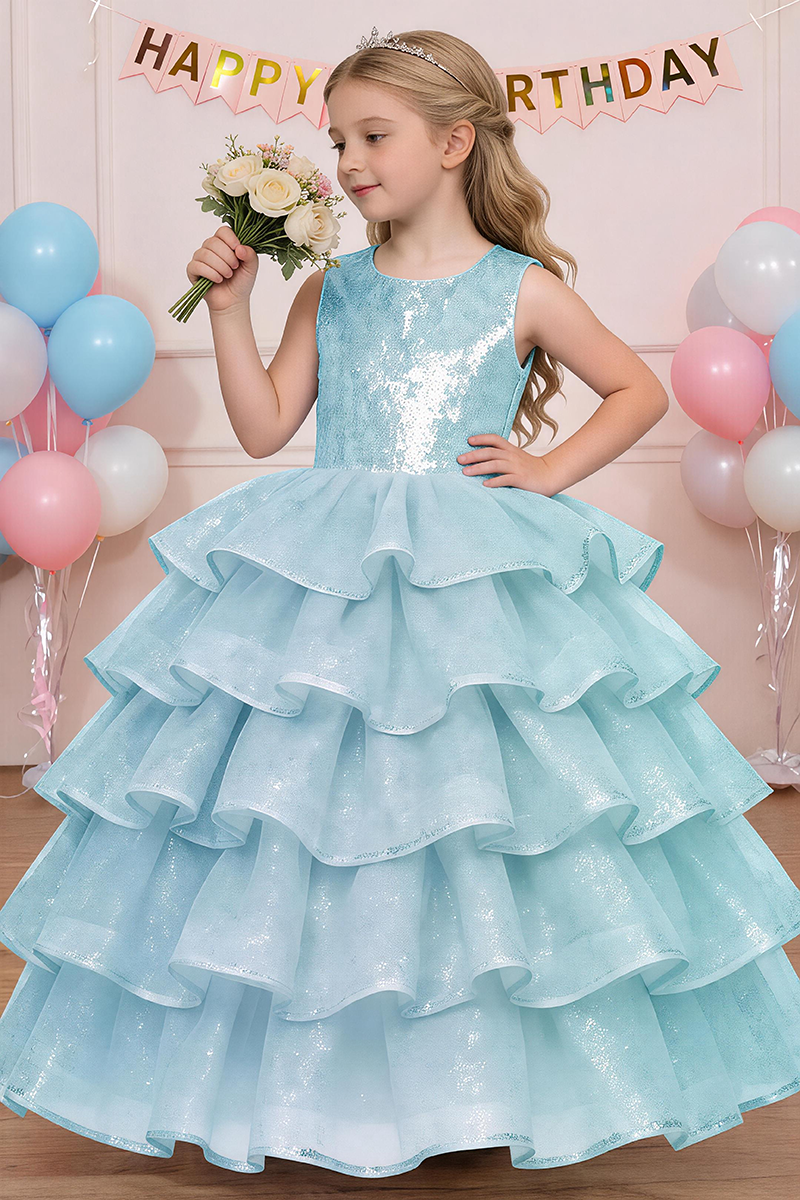 Girls Sky Blue Sleeveless Sequin Ruffle Tiered Tulle Ball Gown