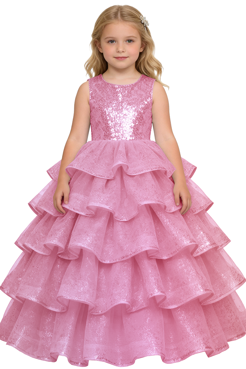 Girls Sky Blue Sleeveless Sequin Ruffle Tiered Tulle Ball Gown