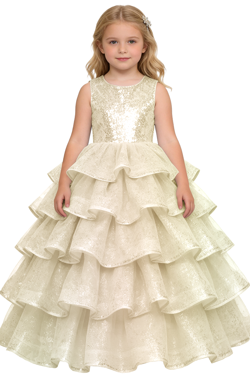 Girls Sky Blue Sleeveless Sequin Ruffle Tiered Tulle Ball Gown