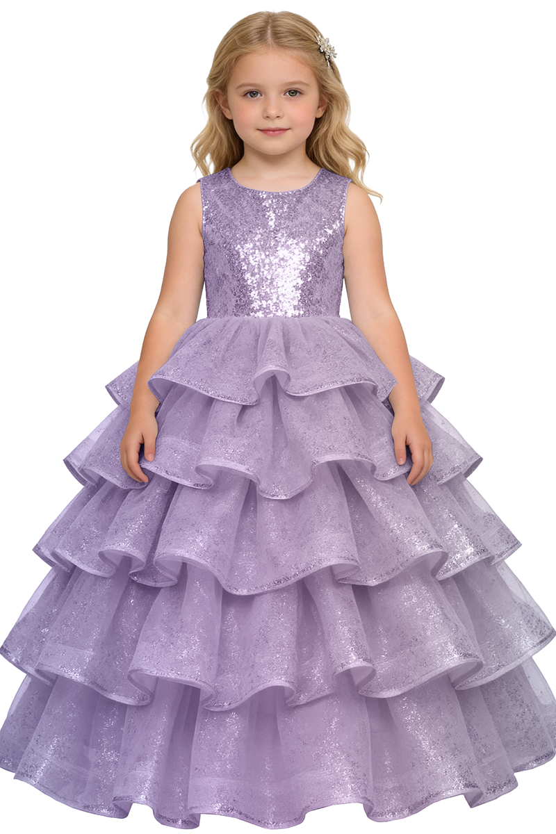Girls Sky Blue Sleeveless Sequin Ruffle Tiered Tulle Ball Gown