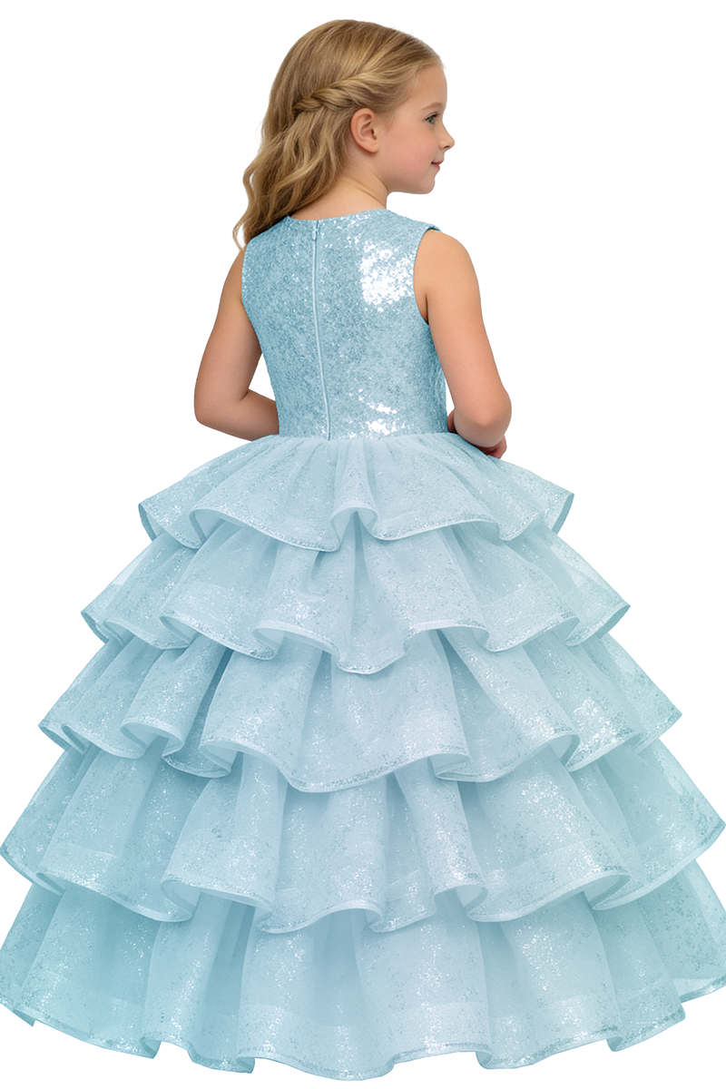 Girls Sky Blue Sleeveless Sequin Ruffle Tiered Tulle Ball Gown