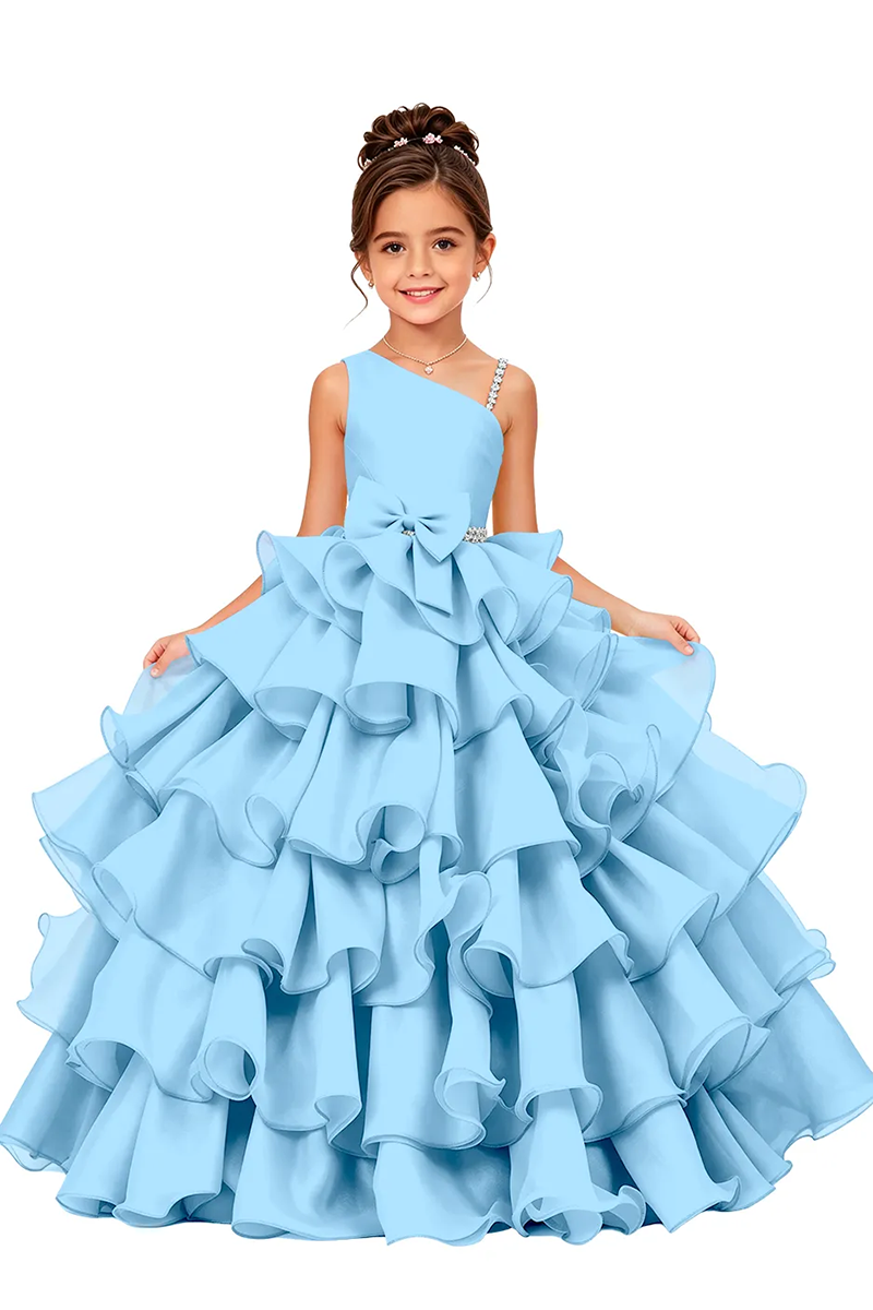 Girls Pink One Shoulder Ruffle Satin Ball Gown with Bow