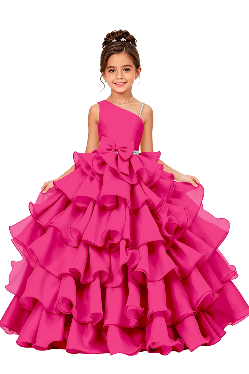 Girls Pink One Shoulder Ruffle Satin Ball Gown with Bow