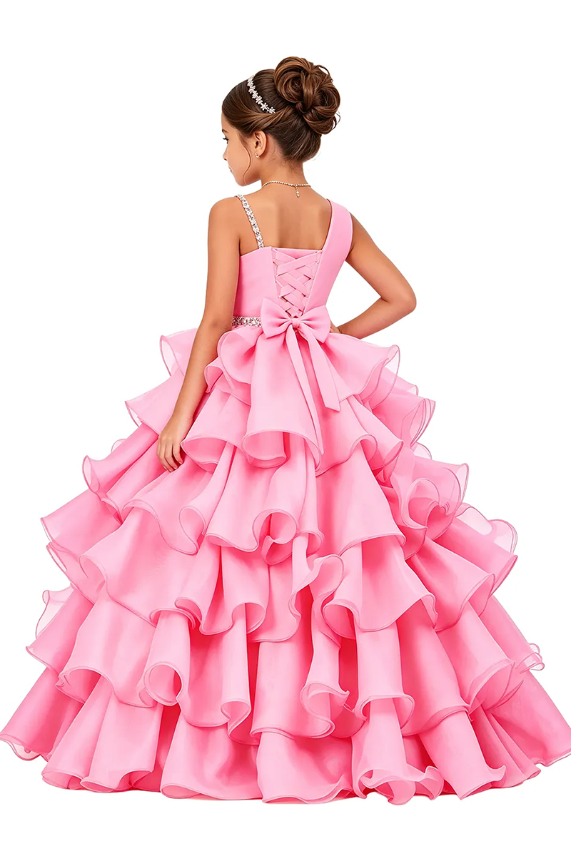 Girls Pink One Shoulder Ruffle Satin Ball Gown with Bow