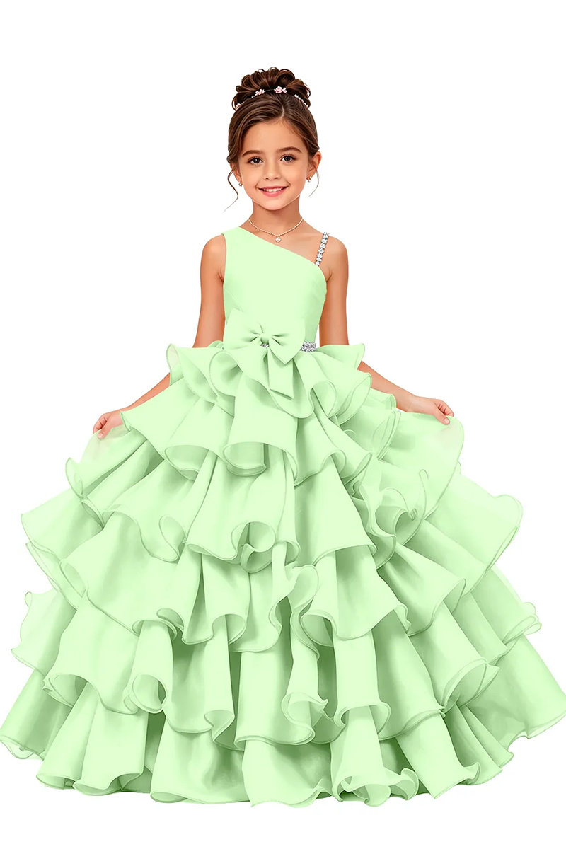 Girls Pink One Shoulder Ruffle Satin Ball Gown with Bow