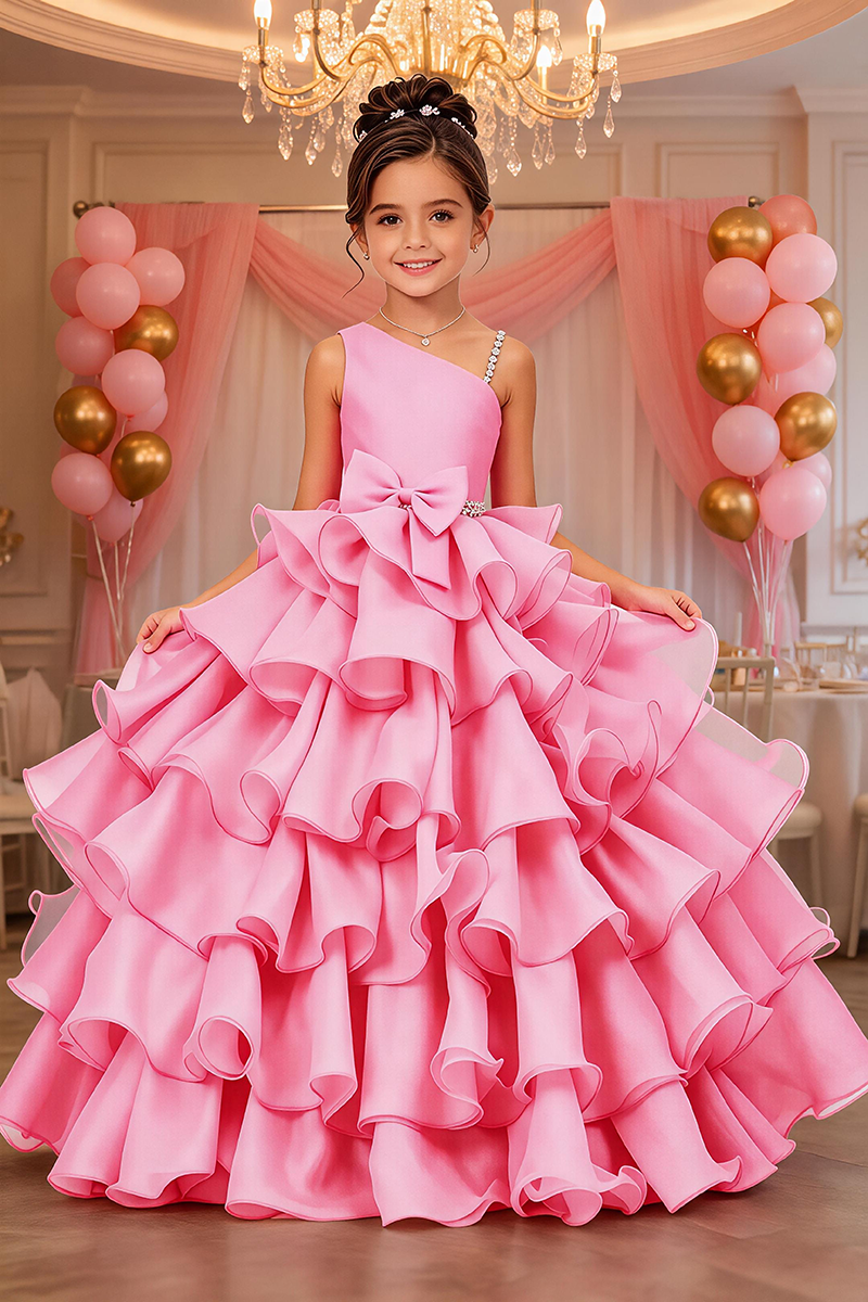 Girls Pink One Shoulder Ruffle Satin Ball Gown with Bow