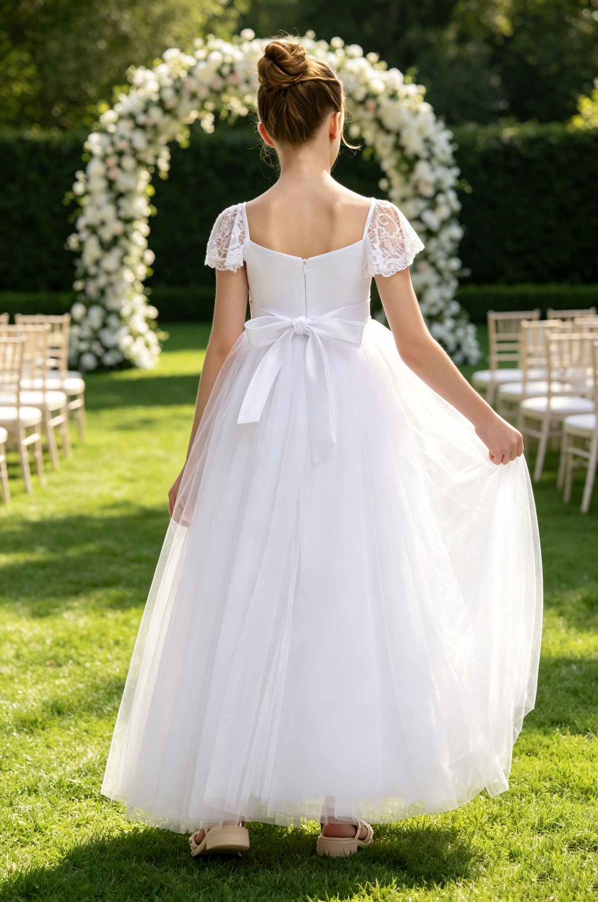 White Lace Cap Sleeve Satin Bow Tulle A-Line Communion Dress