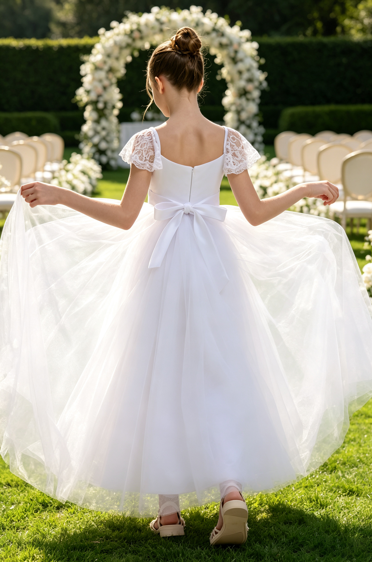 White Lace Cap Sleeve Satin Bow Tulle A-Line Communion Dress