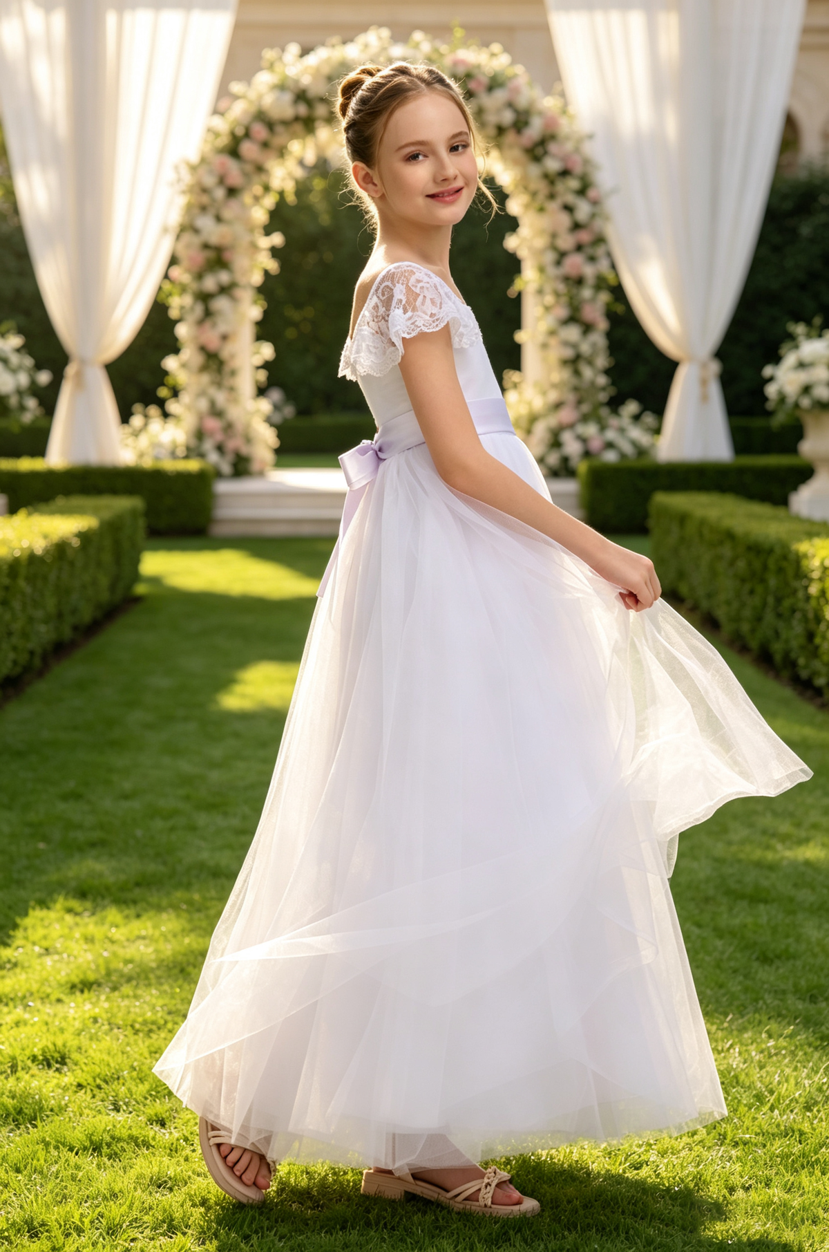White Lace Cap Sleeve Satin Bow Tulle A-Line Communion Dress